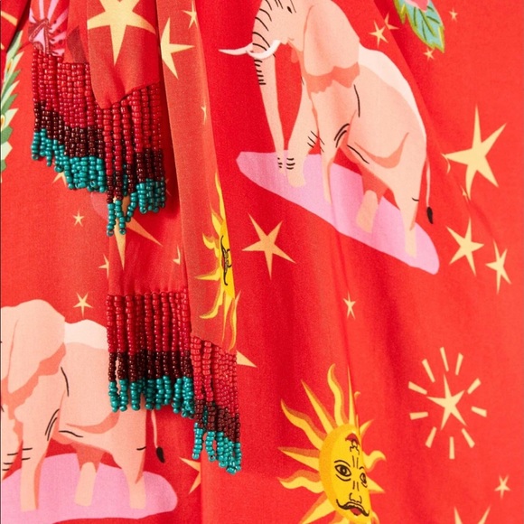 Farm Rio Lotus Star Red / Multi Midi Dress w/ beaded fringe belt- Small - Picture 3 of 15